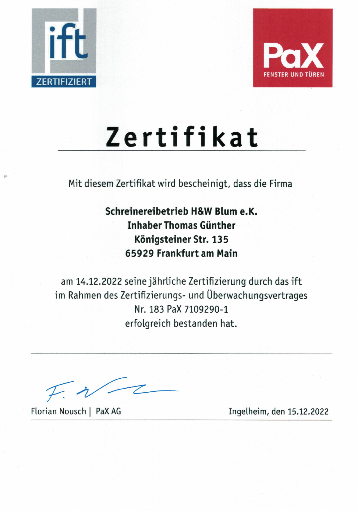 Vorschaubild von Dokument: ift-Zertifikat Schreinerei Blum in Frankfurt