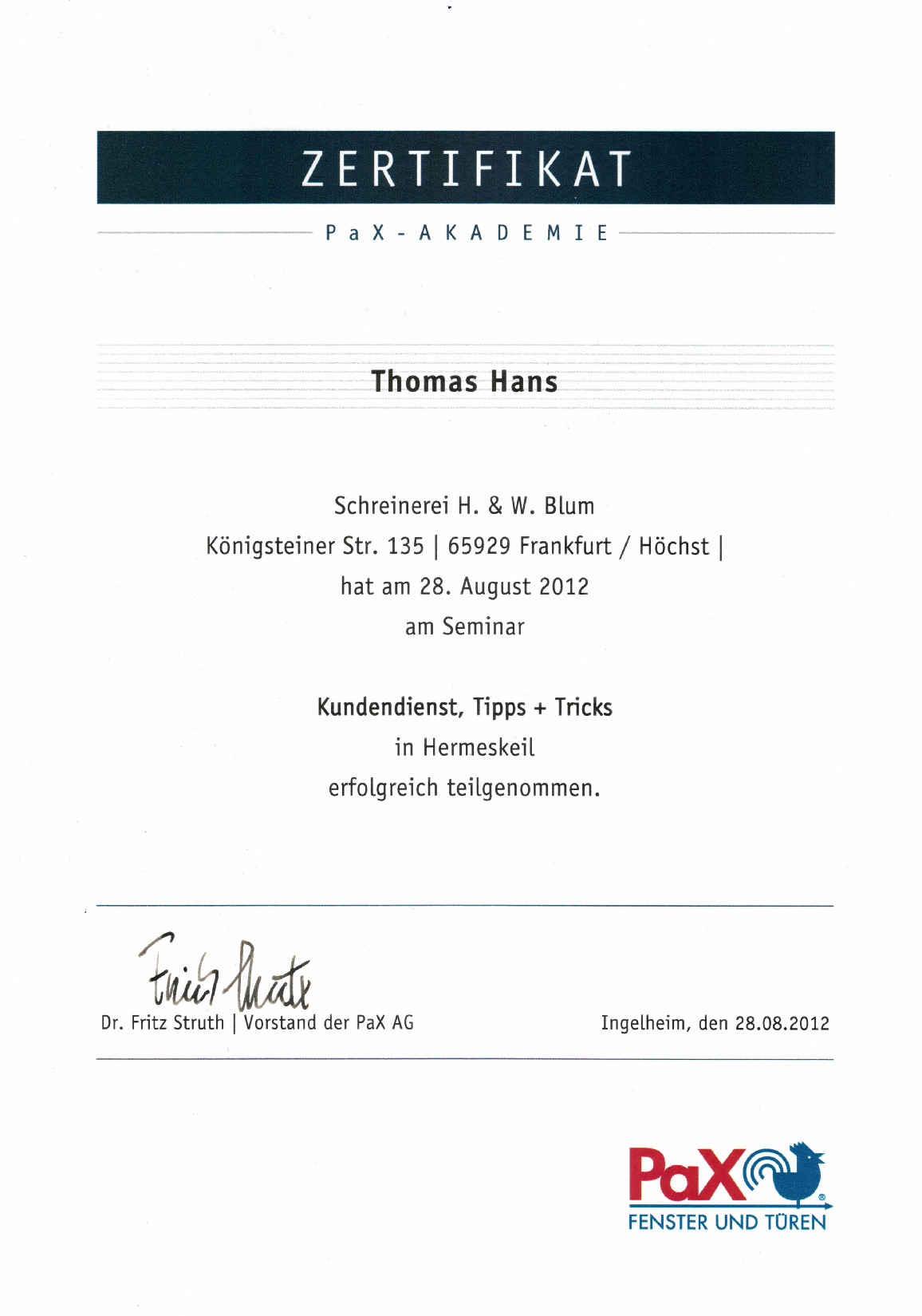 Vorschaubild von Dokument: PaX-Seminar Kundendienst 2012