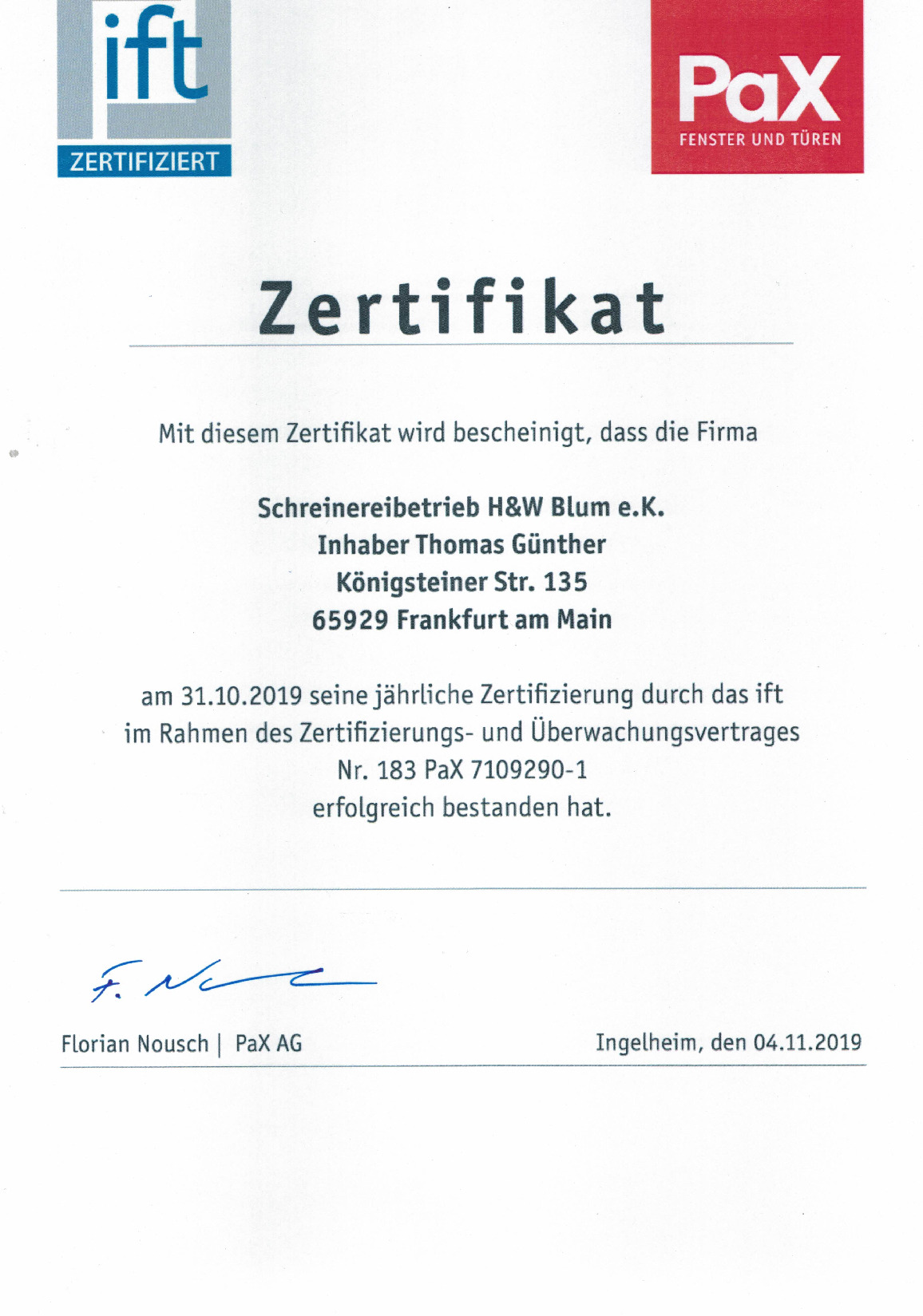 Vorschaubild von Dokument: ift-Zertifikat 2019