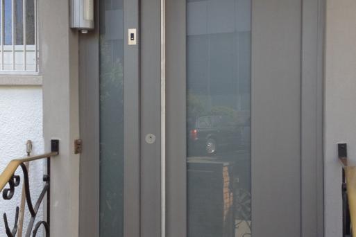 Graue Haustür mit Glasfüllung und Seitenteil